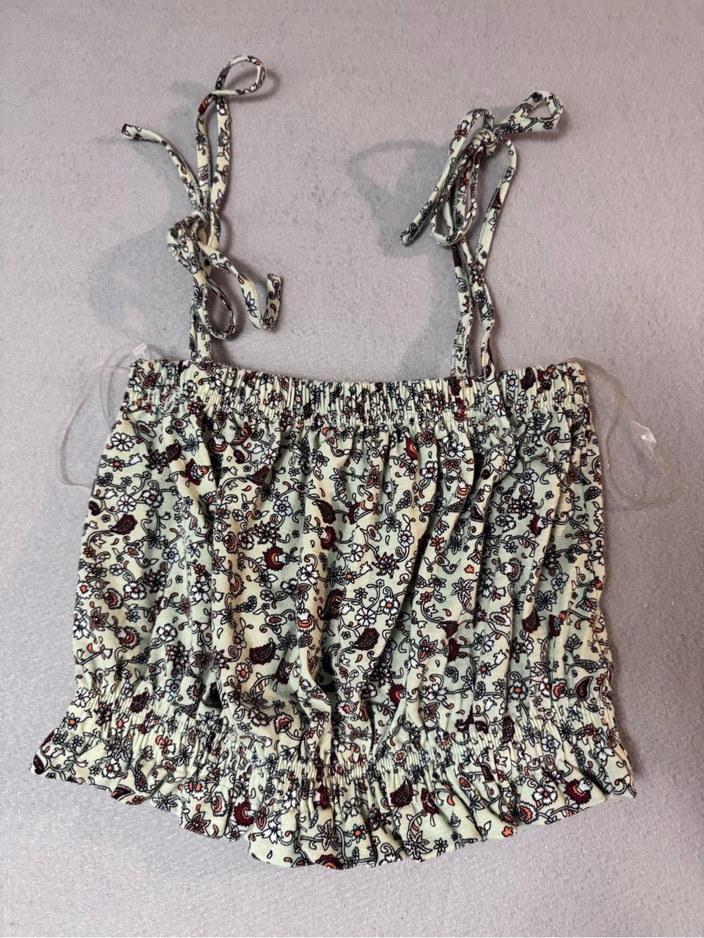 Sky and Sparrow Cream Floral Smocked Tie-Shoulder Crop Top